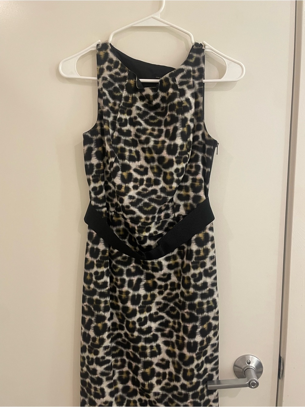 Ann Taylor Leopard Print Midi Dress in Black and Cream with Subtle Gold Accents